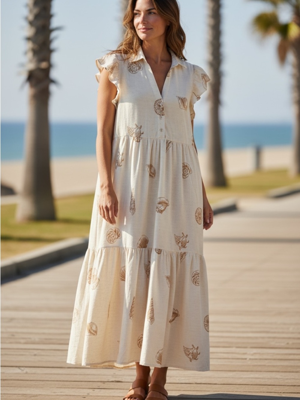 Jane + Delancey Cream Beach Shell-Print Tiered Maxi Dress Size Medium